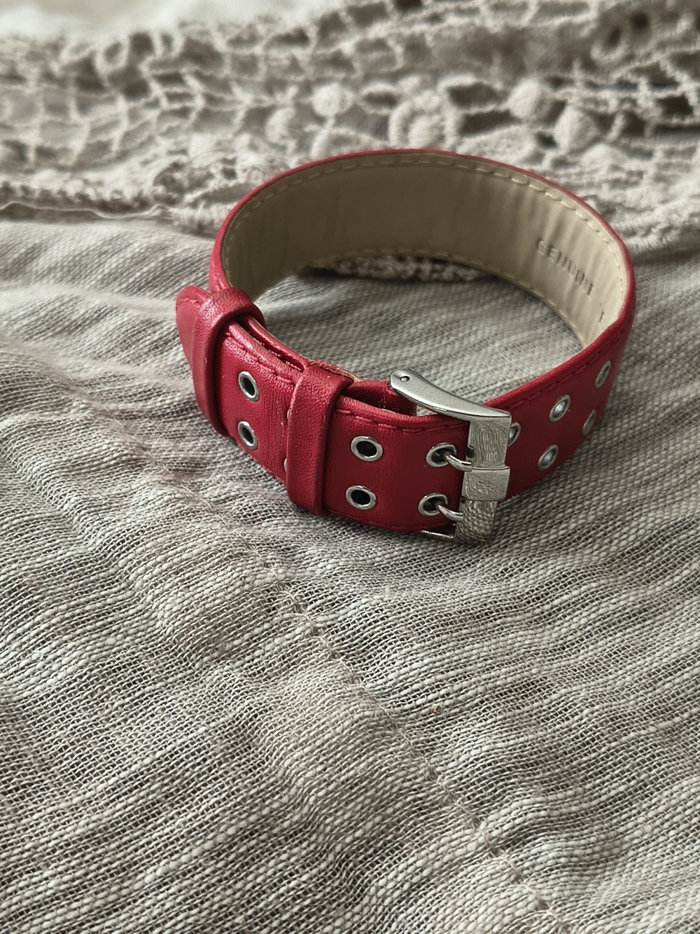 Red Grommet Leather Bracelet with Silver Buckle